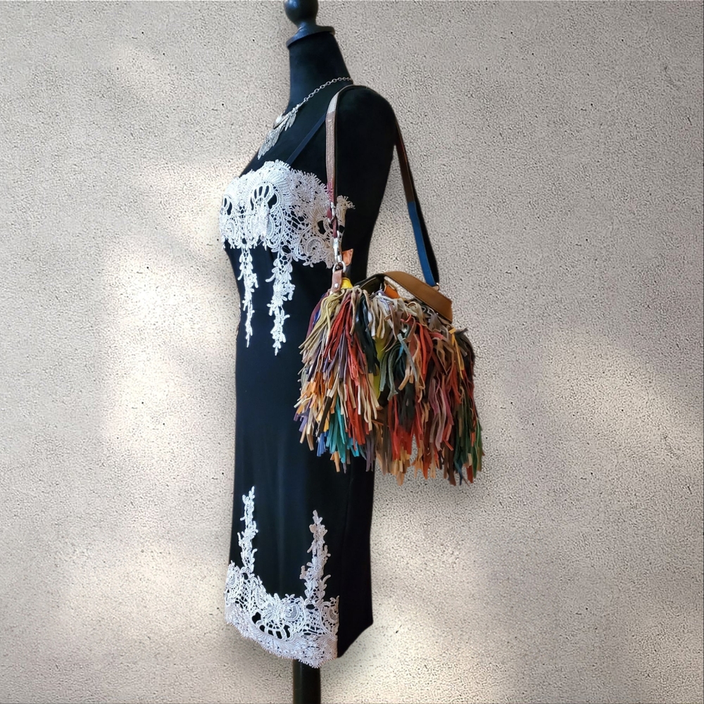 Vintage Multicolored All Leather Fringed Handbag Y2K Boho Tassel Satchel Purse - Picture 7 of 14